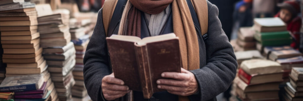 Man holding book in a Baghdad book stall (AI generated)